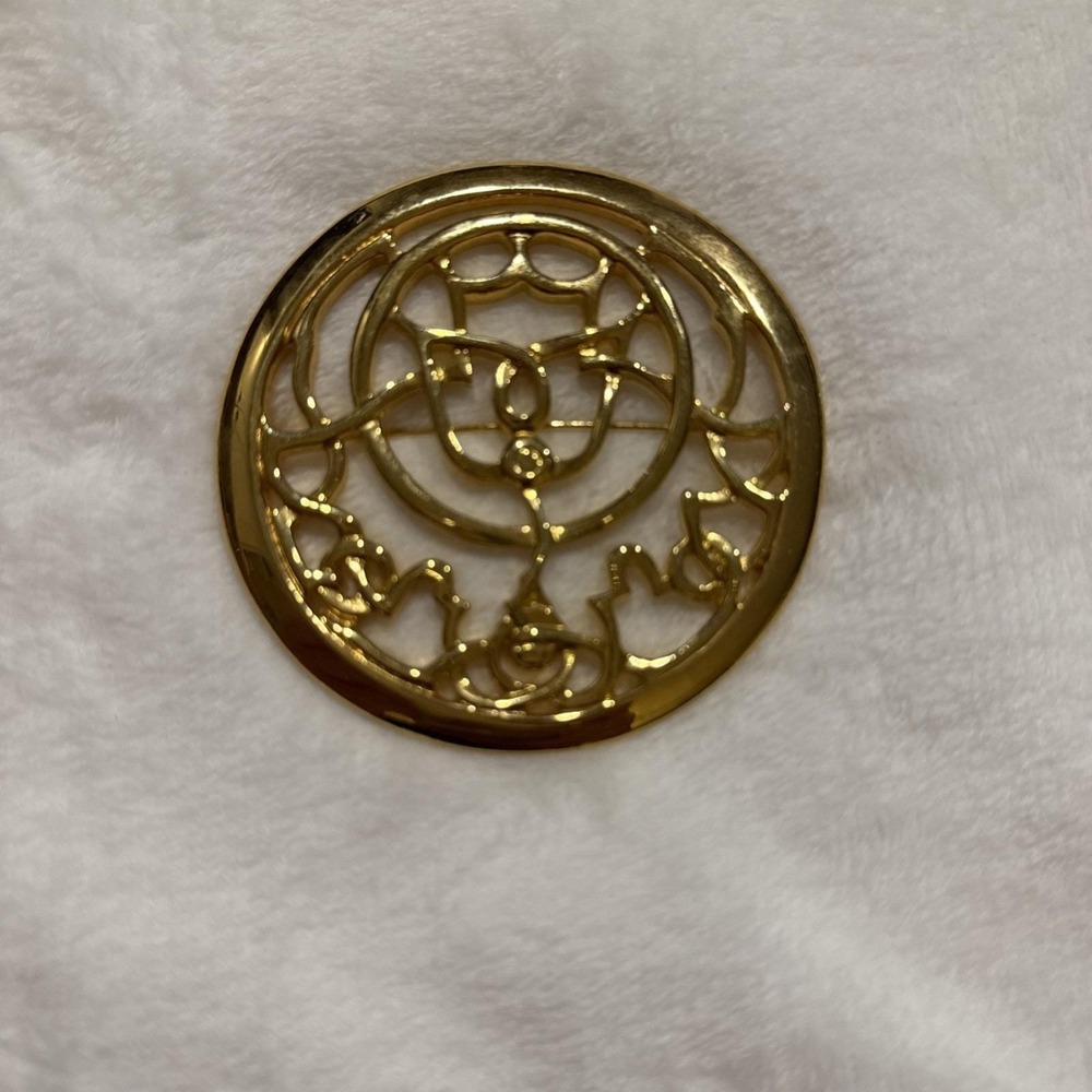 Vintage Mary McFadden Gold Tone Round Openwork Brooch ~ 1980s Designer Statement